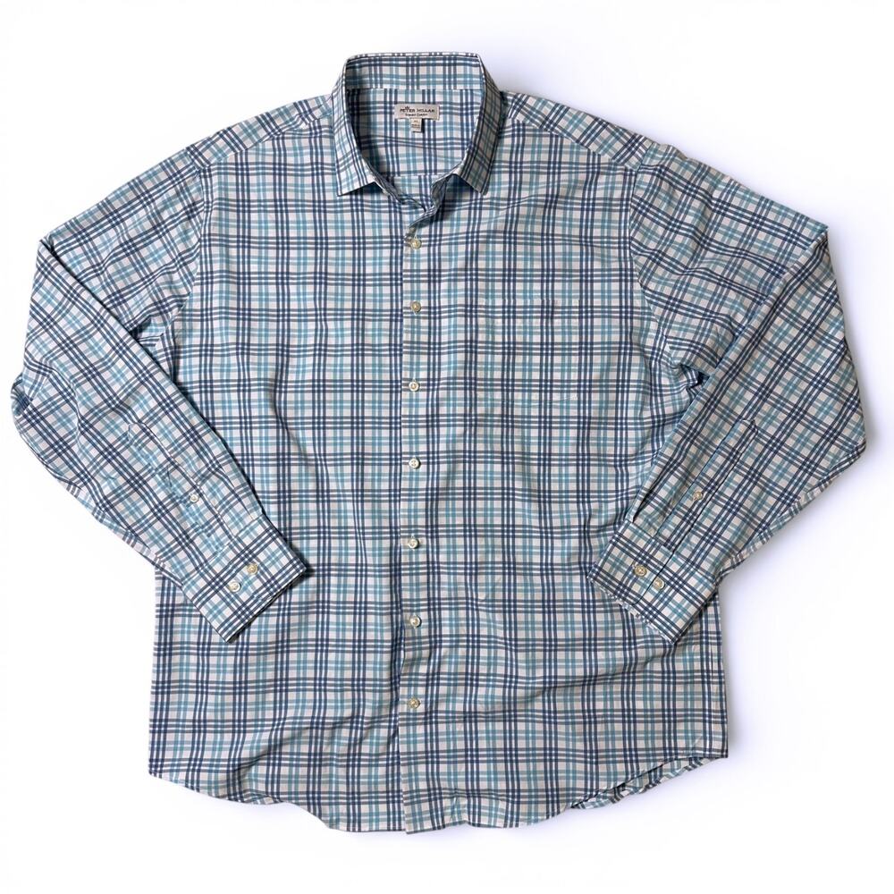 Peter Millar Summer Comfort Performance Shirt Mens Size XL Blue Plaid Stretch